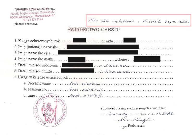 Prawo do odbioru aktu chrztu