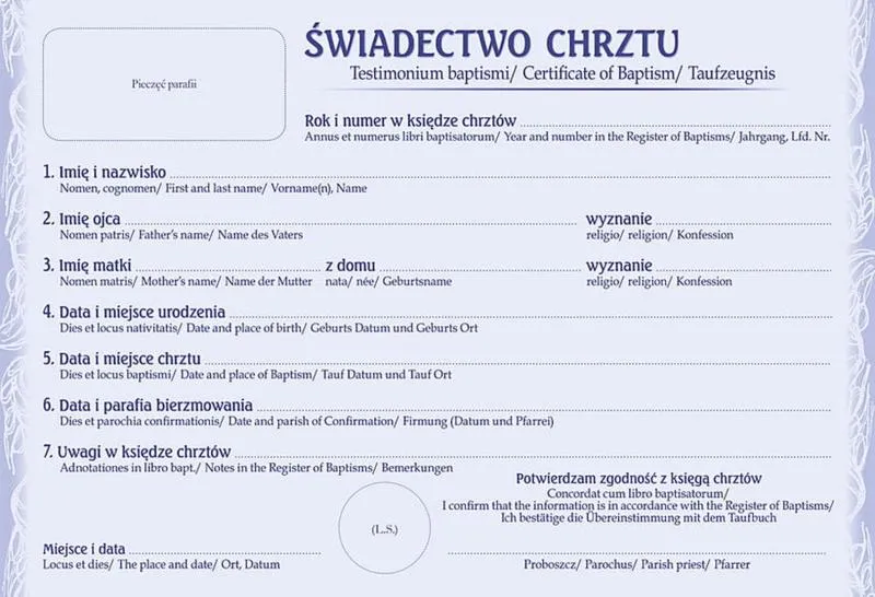 Zaświadczenie do chrztu
